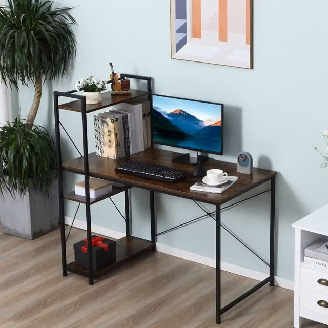 HOMCOM Industrial Computer Desk with 4 Tier Bookshelf in Brown