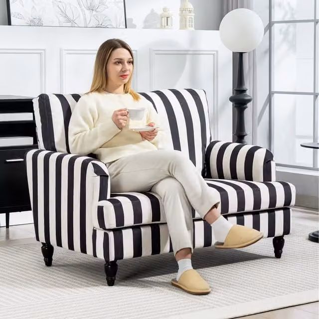 HOMCOM Modern Striped Velvet Accent Chair in Black with Armrests