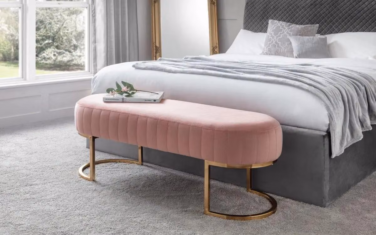 Ashfield Velvet Cushion Bench in Baby Pink with Gold Metal Frame – 3