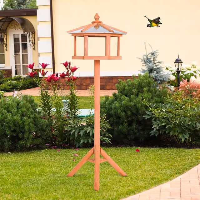 PawHut Rustic Brown Bird Feeding Station Table made of Wood and Metal