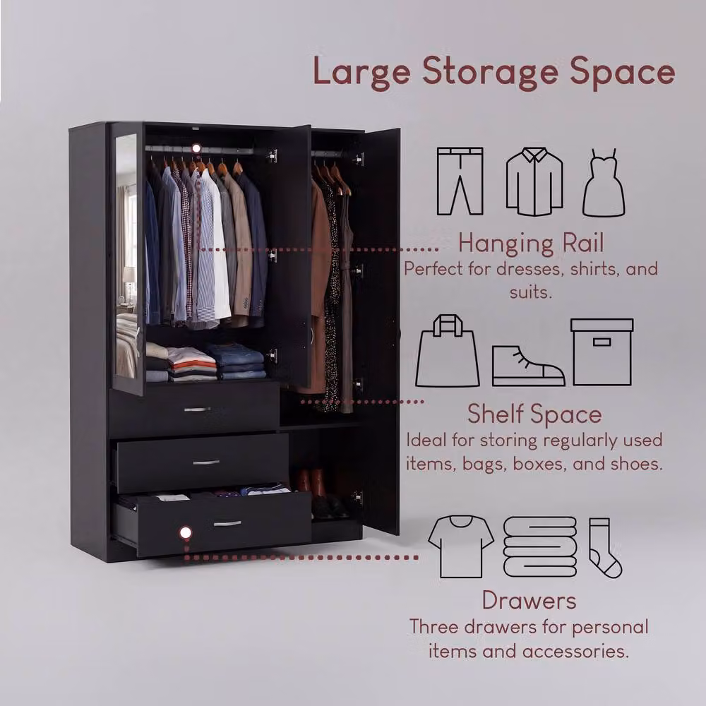 Vida Designs Riano Black Mirrored 3 Door 3 Drawer Wardrobe – 3