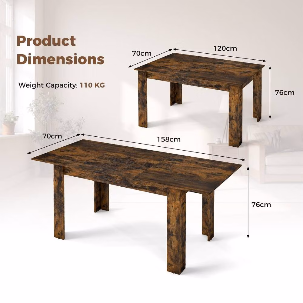 Costway Extendable Modern Rectangular Dining Table with L-shaped Legs in Rustic Brown, W/D/H: 158 x 70 x 76 cm – 2