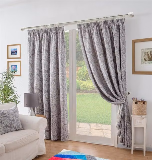 Luxury Living Silver Chenille Jacquard Lined Pencil Pleat Curtains, W: 117 cm, H: 183 cm