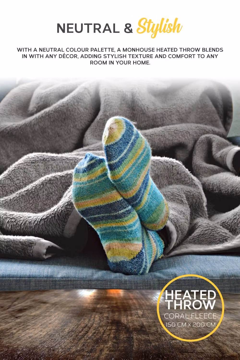 MONHOUSE Heated Electric Fleece Throw Blanket in Grey, Single Size, with 9 Heat Settings and 9H Timer – 5