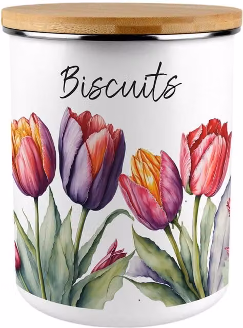 Purely Home Extra Large Floral Tulips Enamel Metal Biscuit Tin in Purple and Multicolour