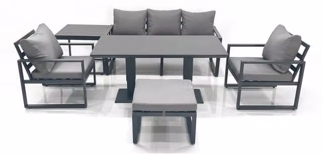 Fimous Outdoor 6-Seater Aluminium and Glass Garden Set with Adjustable Rectangular Table in Matt Dark Grey