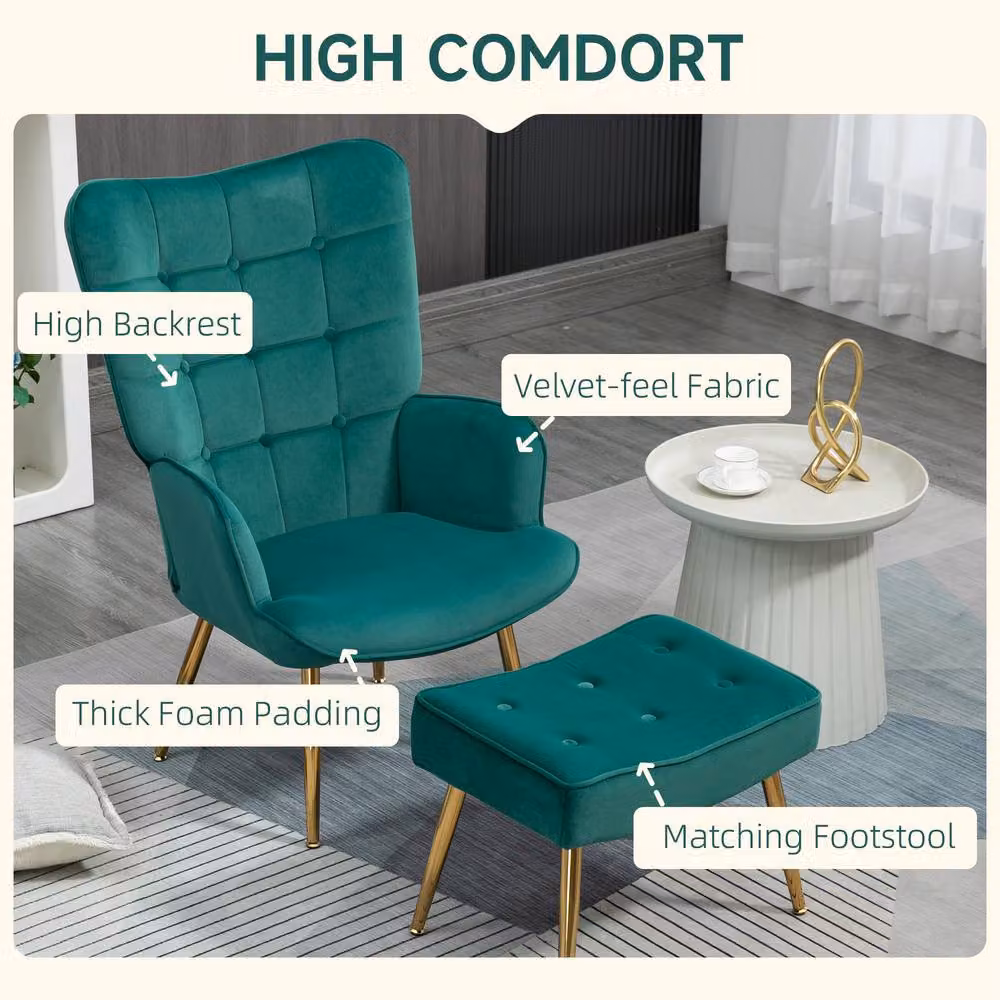 STILVORA Green Velvet Wingback Armchair with Matching Ottoman and Metal Frame – 5