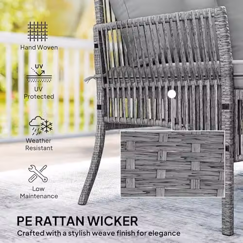 Outsunny 3 Piece Rattan Garden Furniture Set with Cushions, Grey – 4