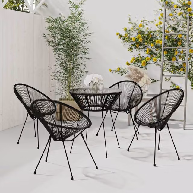 Berkfield Home 5 Piece Modern Outdoor Dining Set in Black PVC Rattan with Glass and Metal Details – 1