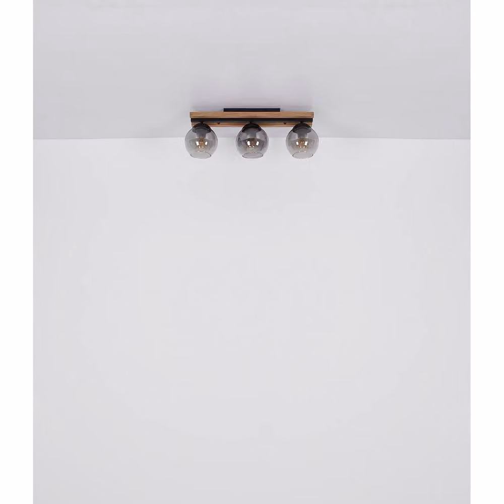Netlighting Conni Globe Ceiling Light in Black and Brown Wood with Smoke Glass Shade, 3x E27 – 4
