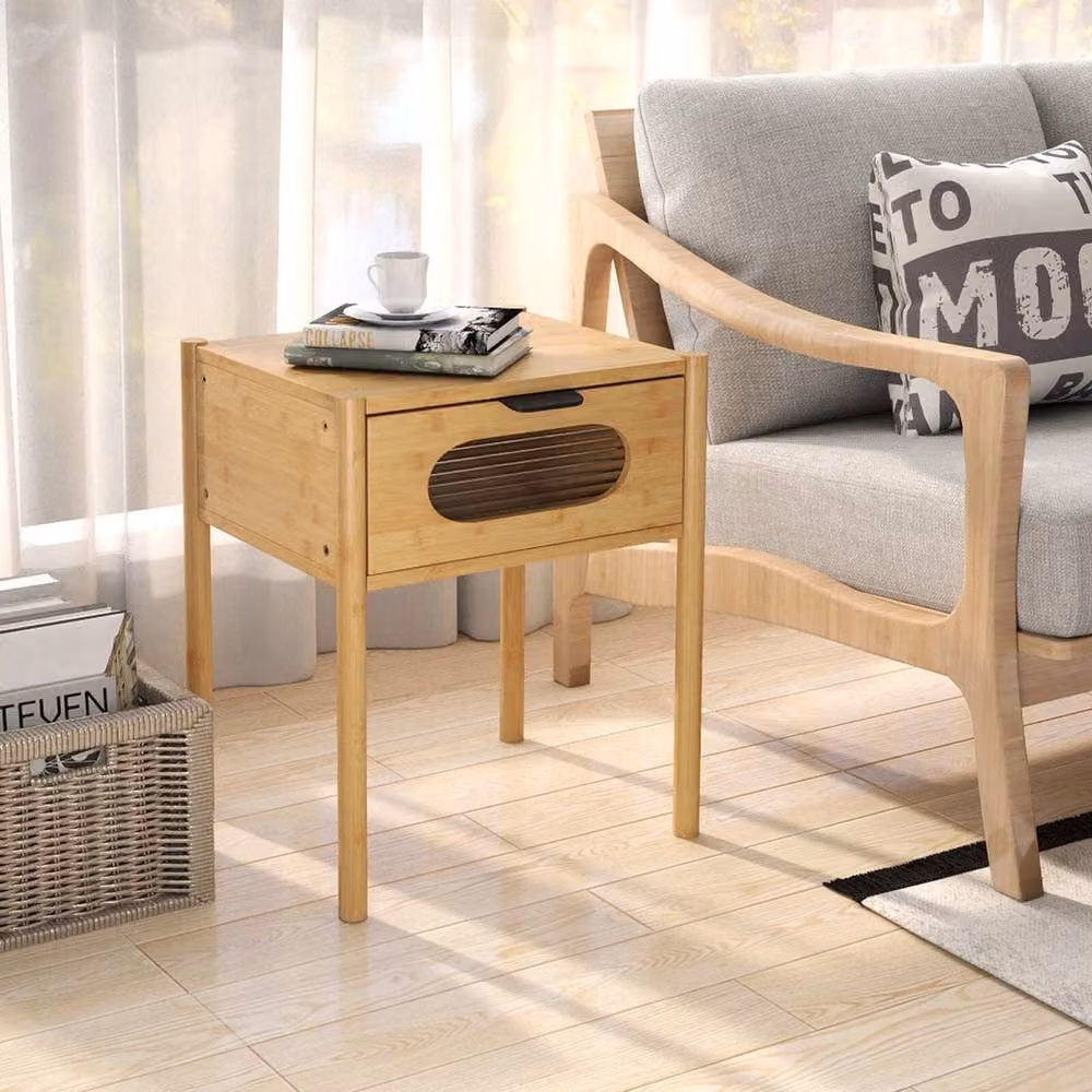 VOGREX Natural Farmhouse Nightstand with Glass Drawer in Beige – 2