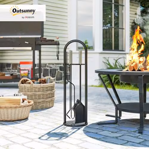 Outsunny 5 Piece Metal Fireplace Companion Set in Silver and Black – 2