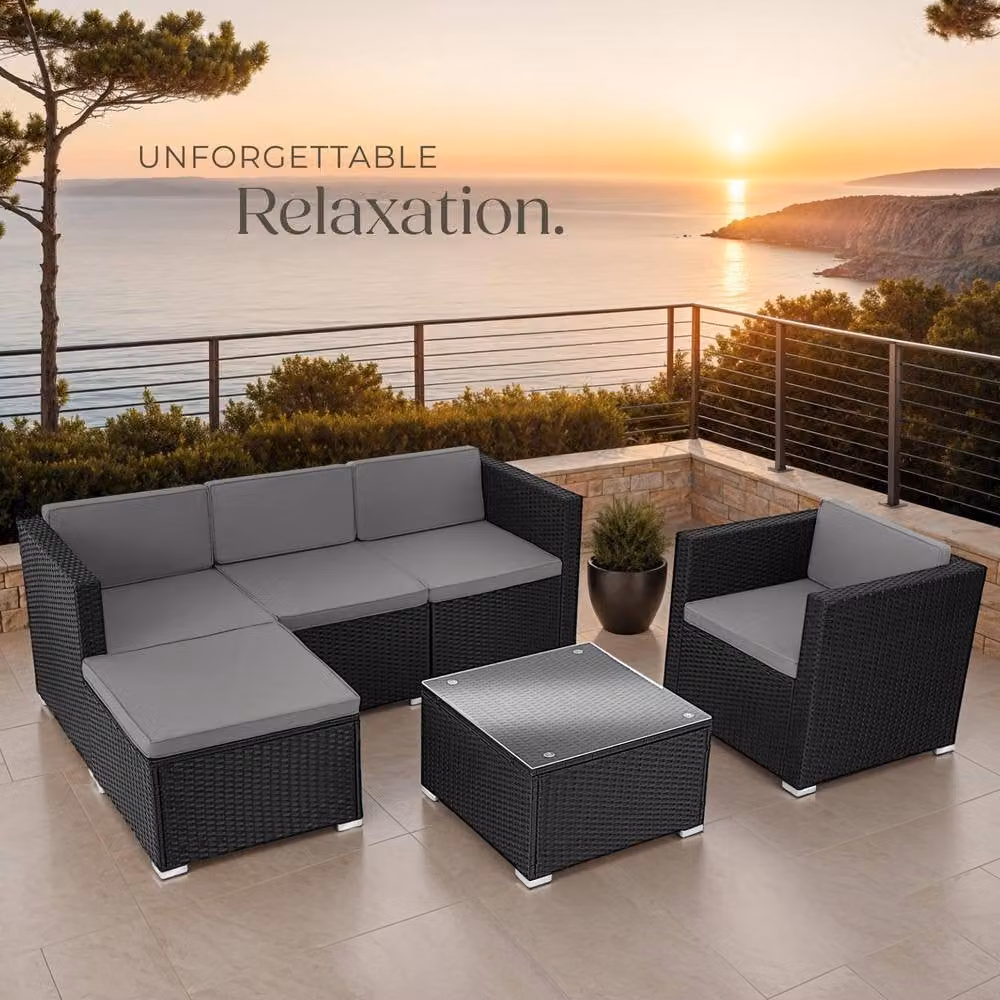 tectake Lignano Modern L-Shape Garden Furniture Set in Black with Upholstered Lounge Armchair and Matching Ottoman – 8