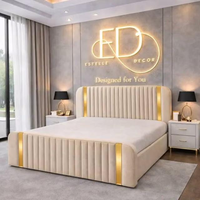 Stratus Interiors Aura Rounded Panel Bed Frame in Cream with Gold Accents, Super King Size (180 x 200 cm)