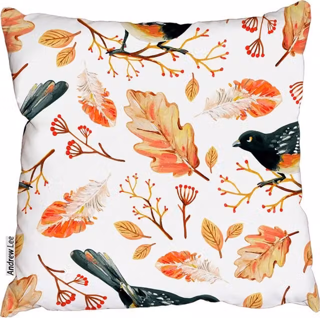 Andrew Lee Hand-Drawn Black Bird and Golden Autumn Oak Leaves Cushion, Orange and Multicolour, W: 60 cm, H: 60 cm