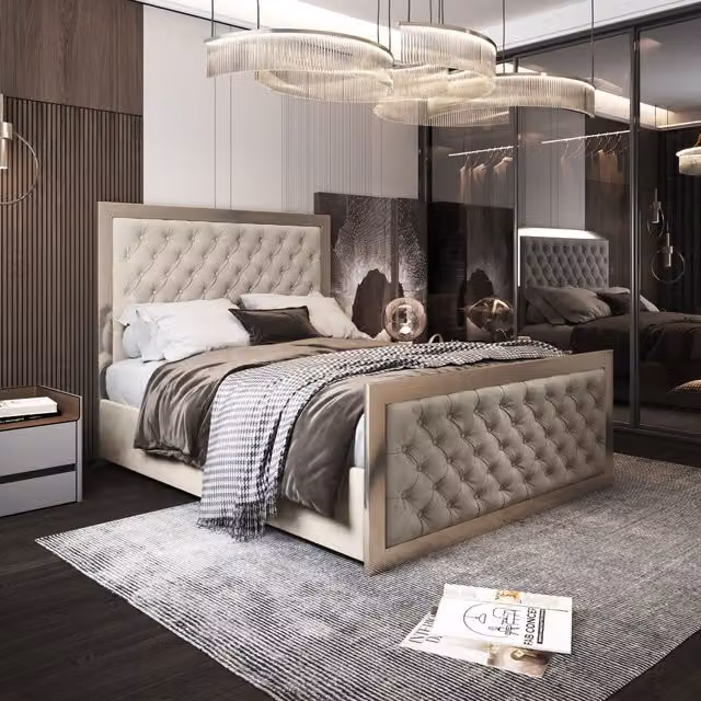 KDMD Maddison Double Bed Frame in Cream Velvet with Metal Accents, W/D/H: 140 x 200 x 137 cm