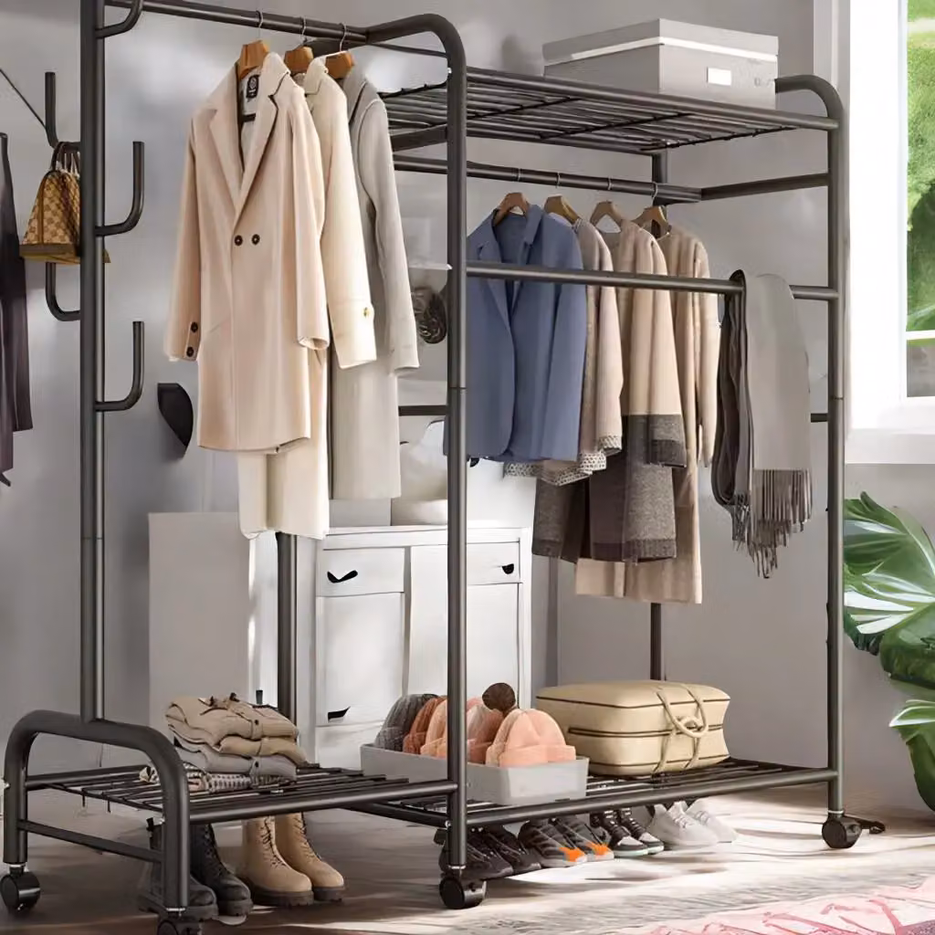 Rafaelo Mobilia Heavy Duty Metal Clothes Rail and Open Wardrobe with Storage Shelves in Matt Black – 2