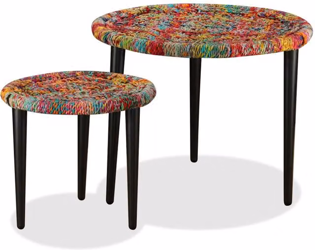 Berkfield Home 2 Piece Multicolour Round Coffee Table Set with Chindi Weave Details and Metal Legs – 1