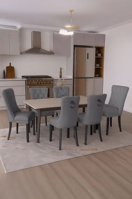 Neo Set of Six Studded Velvet Dining Chairs with Ring Knocker Detail in Dark Grey