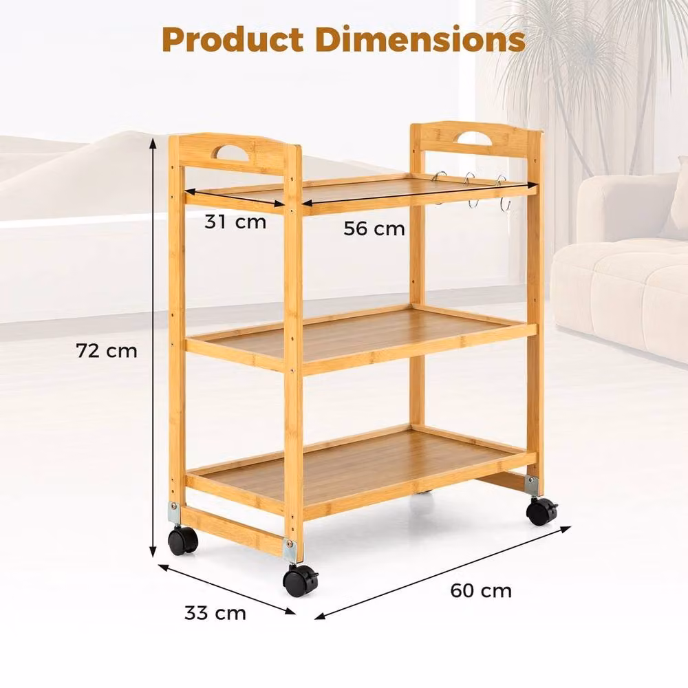 FORGEVIO 3-Tier Bamboo Rolling Utility Storage Cart in Natural – 2