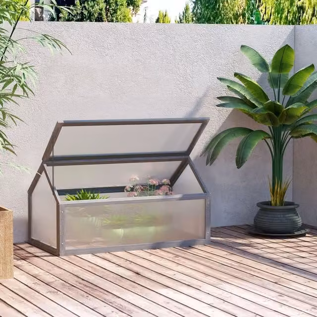 Outsunny Grey Wooden Cold Frame Greenhouse with Transparent Polycarbonate Cover for Vegetable Gardens