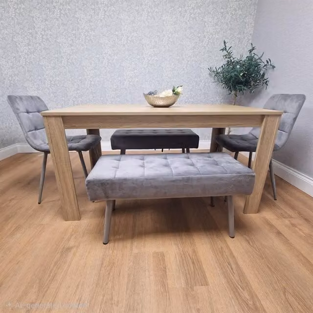 Kosy Koala Dining Table Set with 2 Grey Velvet Chairs and 2 Benches in Brown Oak Effect – 1