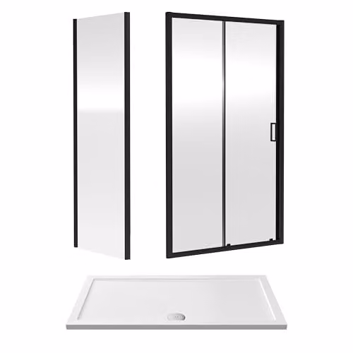 Balterley Sliding Shower Door with Side Panel and Square Tray, 6mm Toughened Safety Glass, Black and White, W/D/H: 140 x 76 x 190 cm