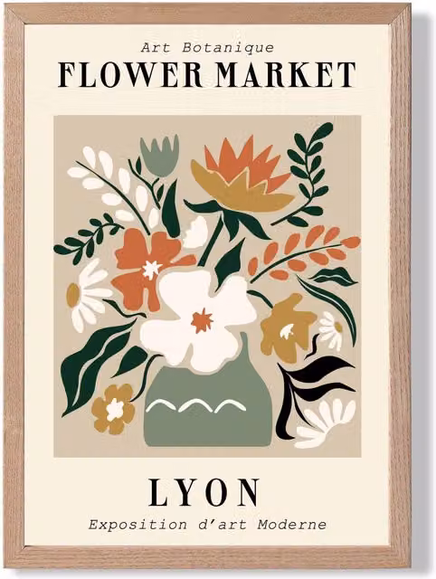 ARTZE Lyon Beige and Green Flower Market Exhibition Framed Print with Oak Frame
