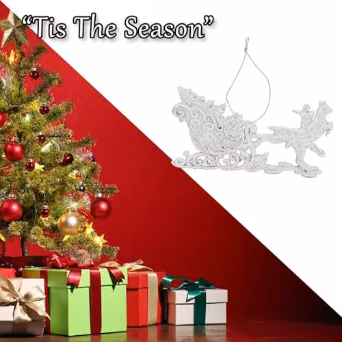 VFM e-Store Silver Hanging Reindeer and Sleigh Christmas Tree Ornament, W: 12.1 cm, H: 14.5 cm, D: 0.3 cm – 6