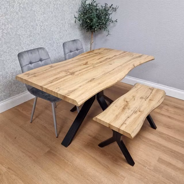 KOSY KOALA Brown Wooden Rectangular Dining Table with 2 Grey Velvet Chairs and Bench Set