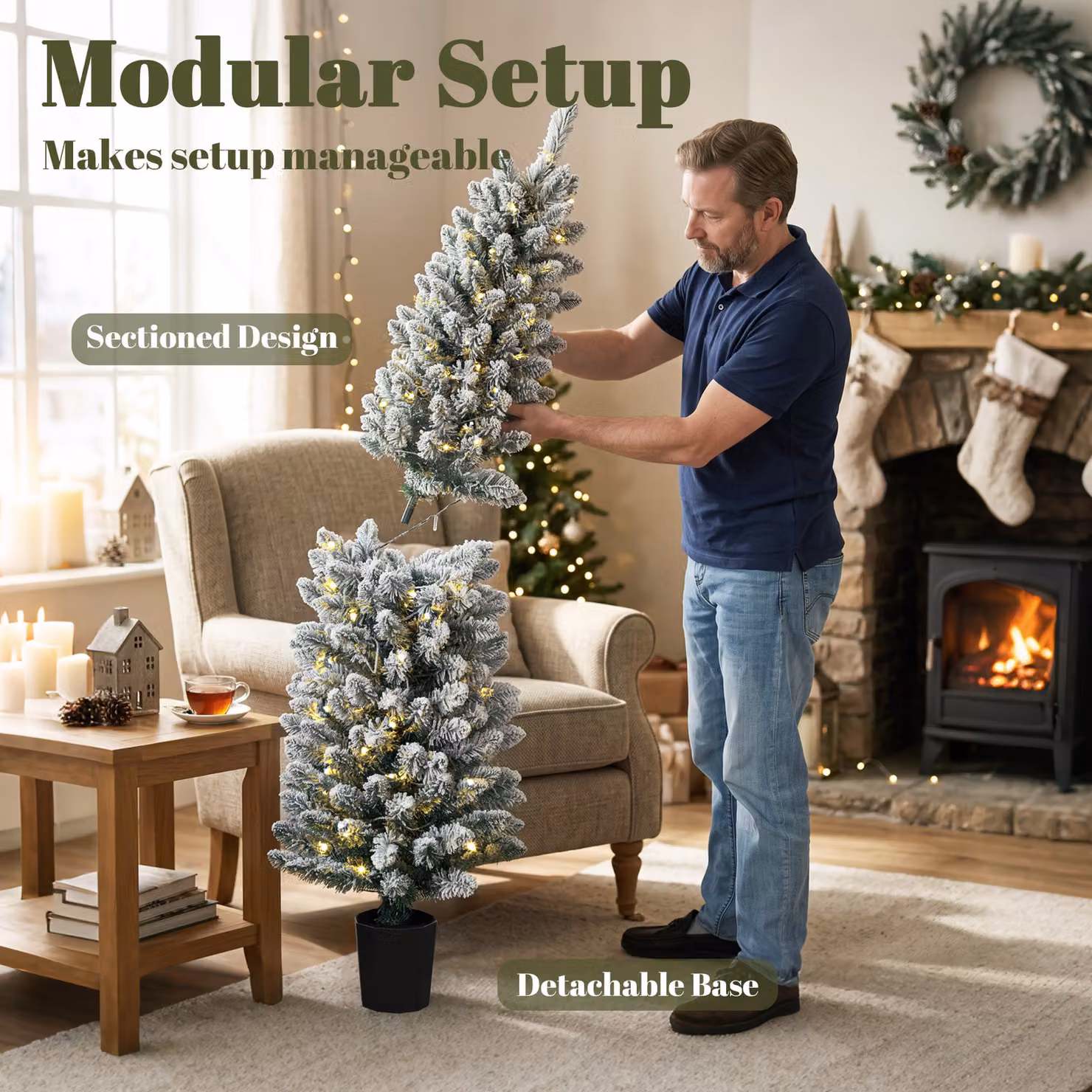 HOMCOM Set of 3 Slim Snowy Flocked Artificial Christmas Trees with Warm White LED Lights, White, H 152 cm, H 122 cm, H 91 cm – 6