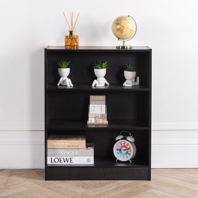 Home Treats Minimalist 3-Cube Freestanding Beech Wood Bookshelf Storage in Black, Width: 60 cm