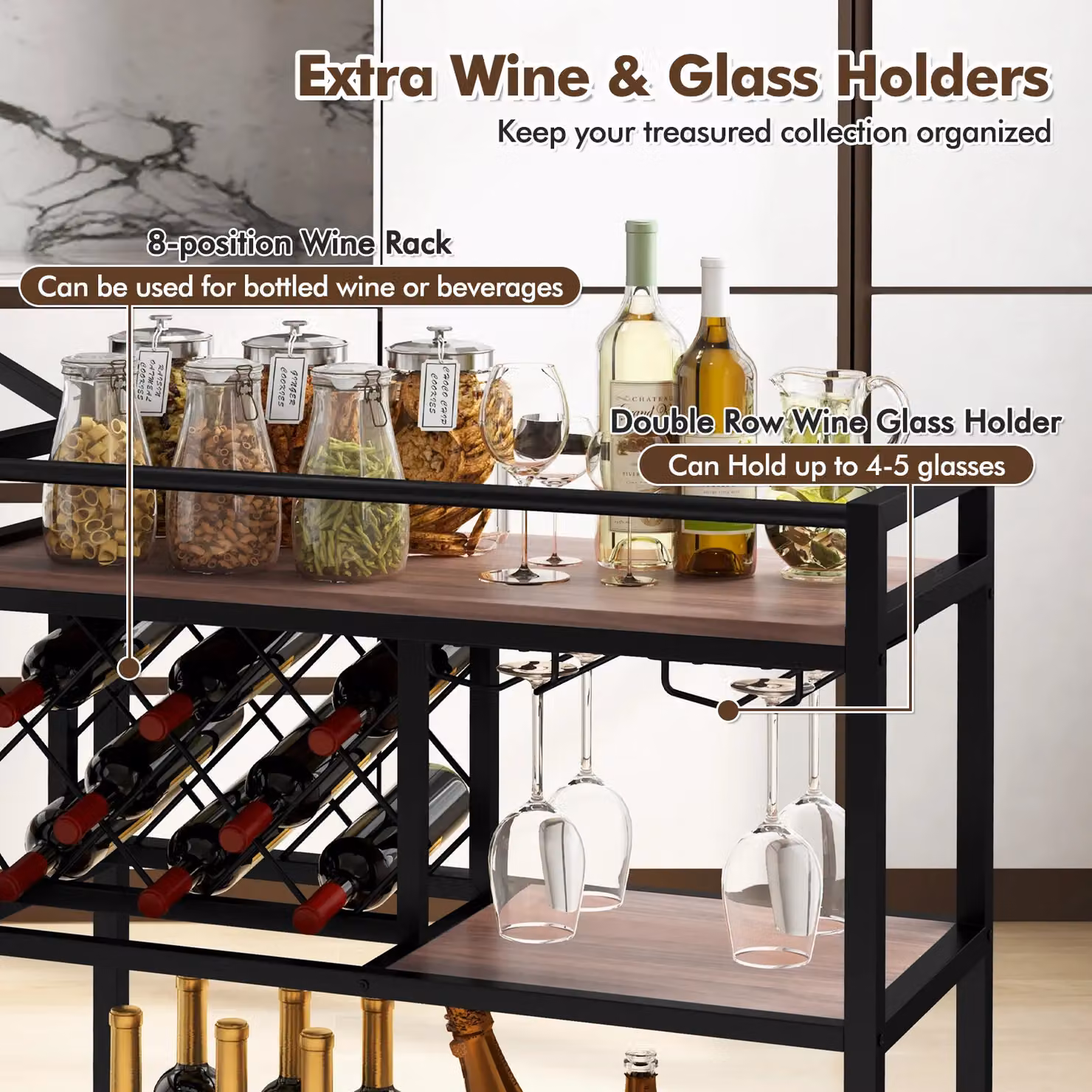 Costway 3-Tier Industrial Metal and Glass Kitchen Serving Cart with Wine Racks in Brown – 2