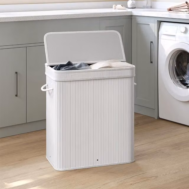 The Bazaarist White Bamboo Laundry Clothes Basket with Lid, Handles and Removable Cotton Bag