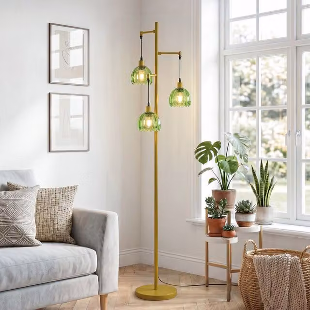 Livingandhome Industrial 3-Light Metal Floor Lamp with Foot Switch in Black