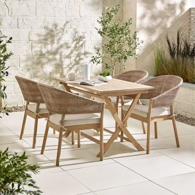 FurnitureboxUK Hamburg Outdoor Dining Set with Solid Acacia Wood Table and 4 Asa Wicker Chairs in Natural Brown and Beige