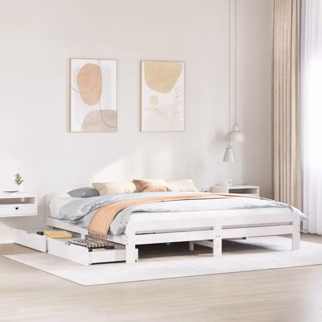 Berkfield Home White Solid Pine Bed Frame with Drawers, 200 x 200 cm