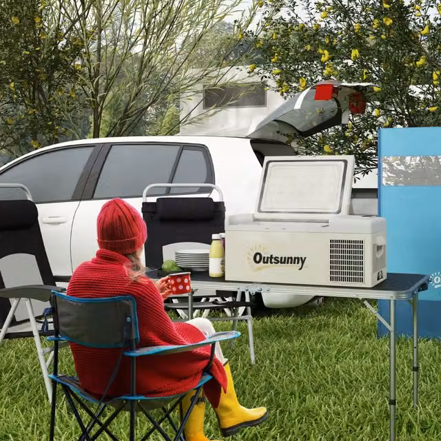 Outsunny 16L Car Refrigerator for Camping and Driving, Khaki