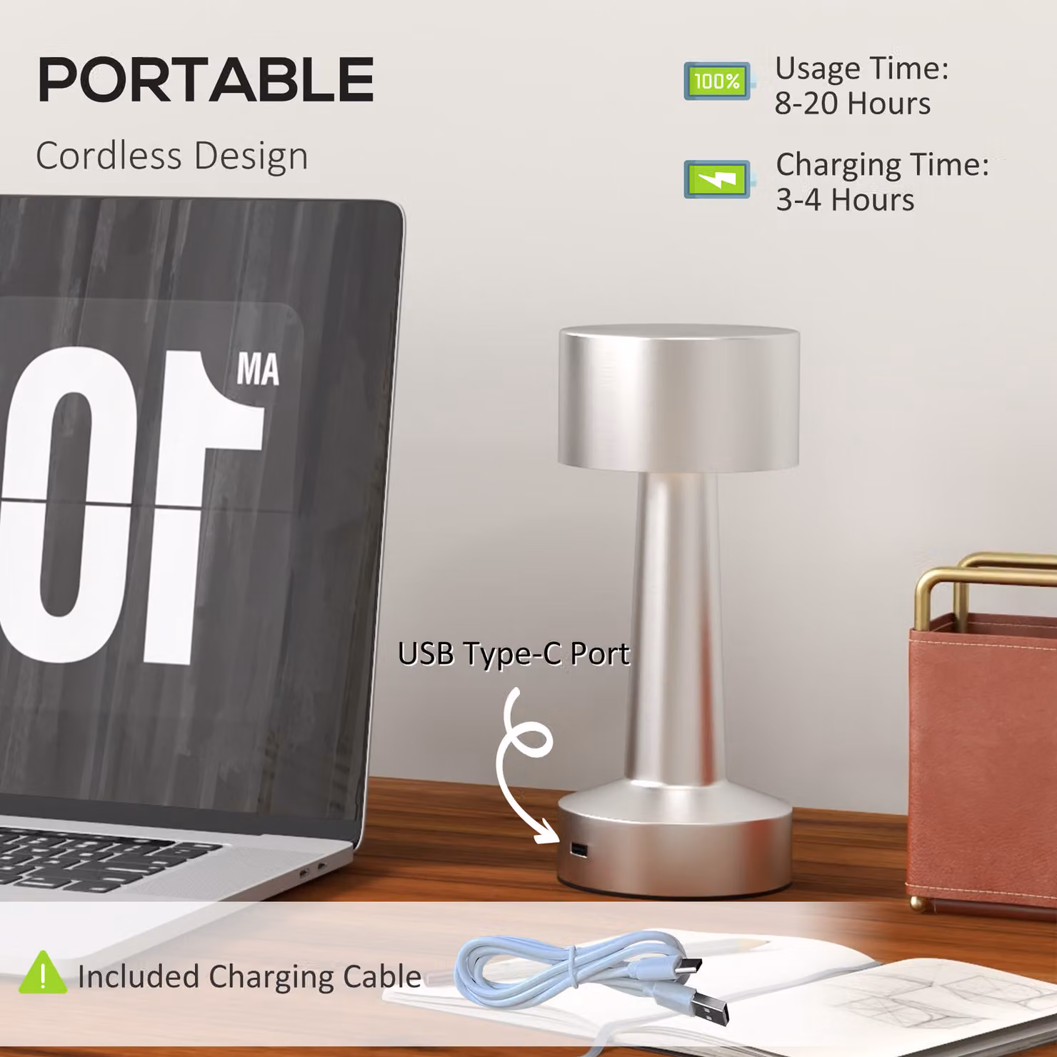 HOMCOM 2 Pack Cordless LED Table Lamps in Silver with Touch Control and Rechargeable Battery – 3