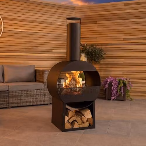 Charles Bentley Black Powder Coated Steel Modern Chiminea for Wood and Charcoal, H 129 x W 55 x D 40 cm – 1