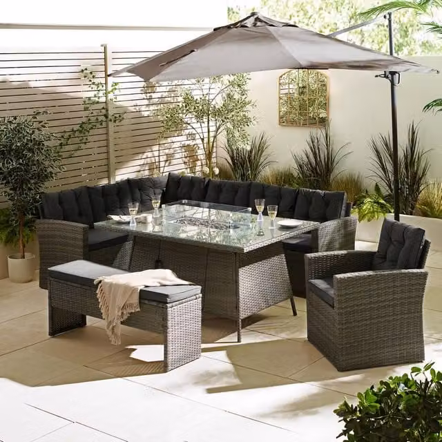 FurnitureboxUK Marbella 9 Seat Grey Polyrattan Garden Dining Set with Firepit Table