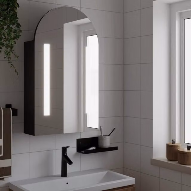 Berkfield Home Arched Bathroom Mirror Cabinet with LED Light, Black, W: 42 cm, D: 13 cm, H: 70 cm – 1