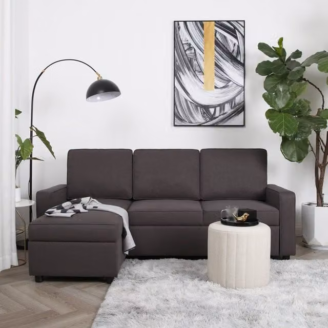 Home Garden Direct Selene L-Shape Corner Sofa Bed in Dark Grey Linen with Pull-out Frame, Width: 210 cm