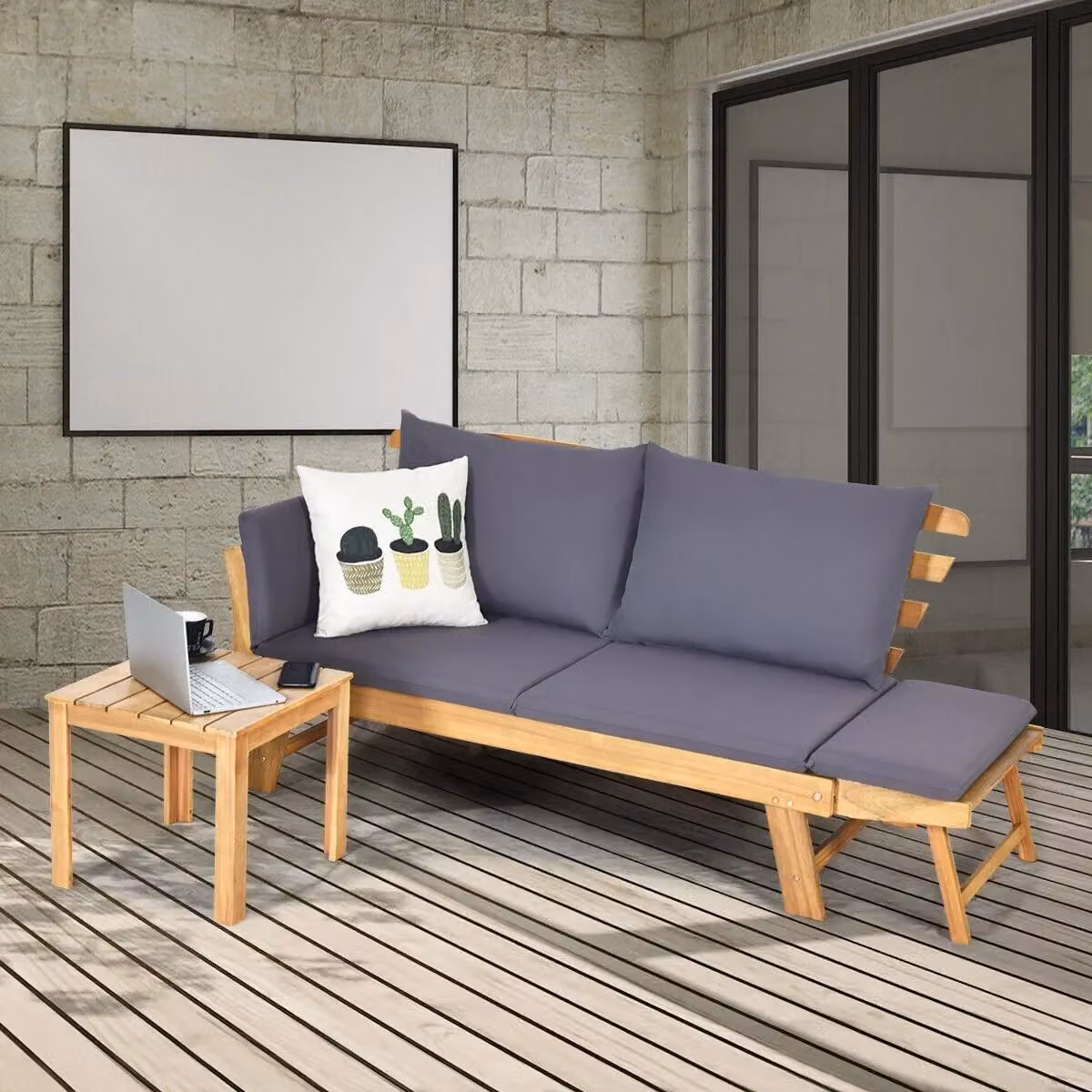 Gymax Grey Acacia Wood Outdoor Daybed Folding Chaise Lounge Sofa Bed with Armrests – 6