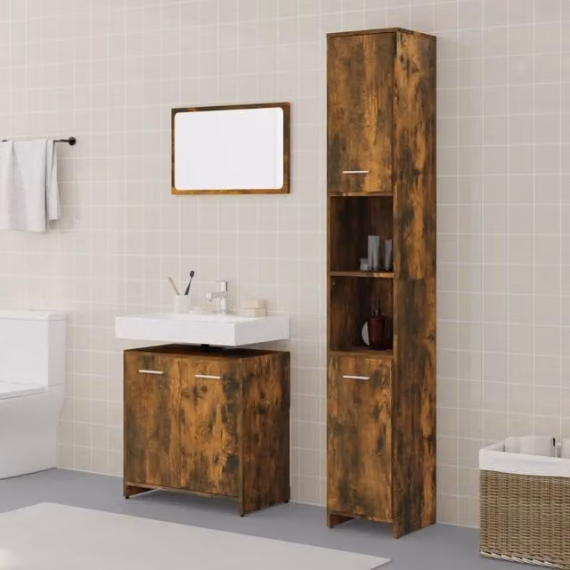 Berkfield Home 3 Piece Modern Bathroom Furniture Set in Smoked Oak Brown – 1