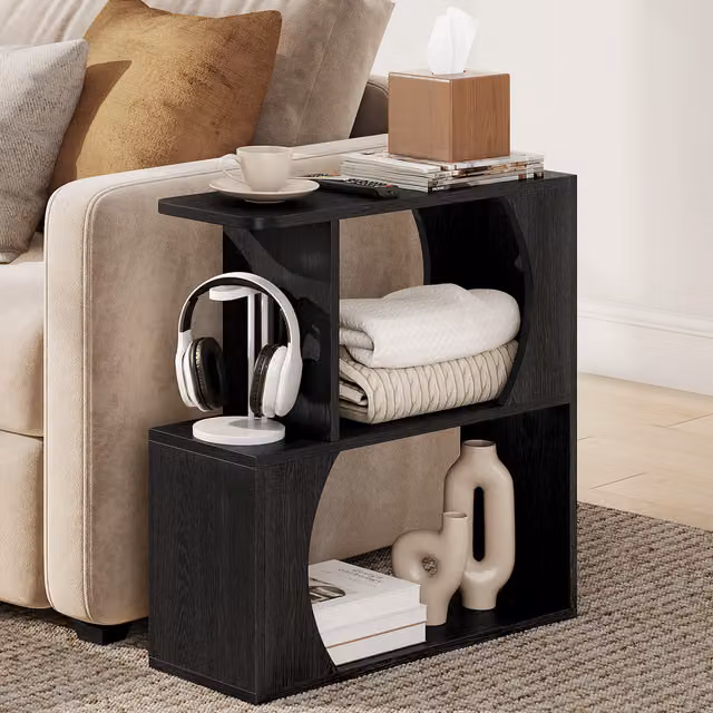 Yaheetech Narrow Sofa Side Table with Arched Cut-Out and Shelves, Black