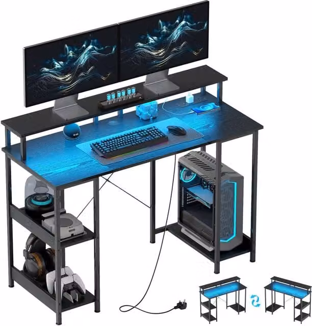 Rolipo Modern LED Computer Desk with Power Outlets and Shelves in Black – 1