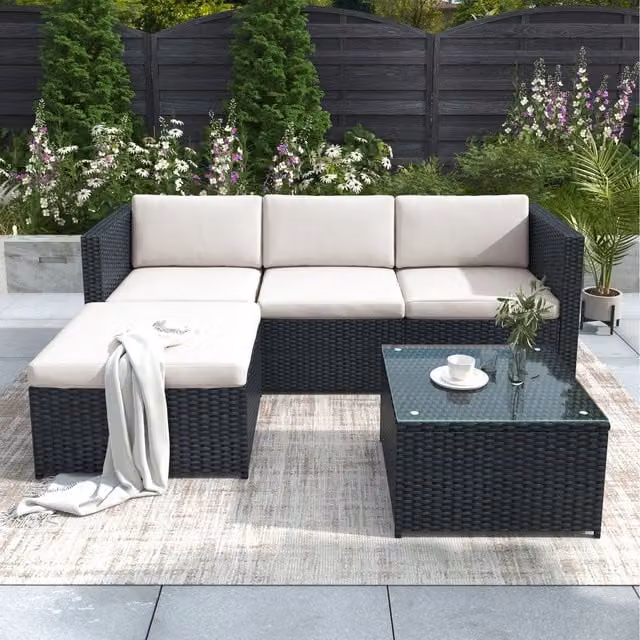 Home Touch Interior Outdoor Corner Sofa Set with Glass Top Coffee Table in Black