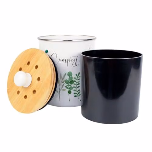 Purely Home Green Foliage Compost Caddy - 2L Enamel Kitchen Food Waste Bin with Removable Inner Bucket and Odour Filter – 3
