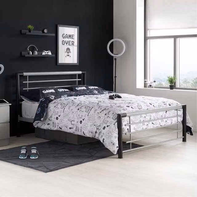 Birlea Faro Modern Metal Bed in Grey and Black, W: 140 cm, D: 200 cm
